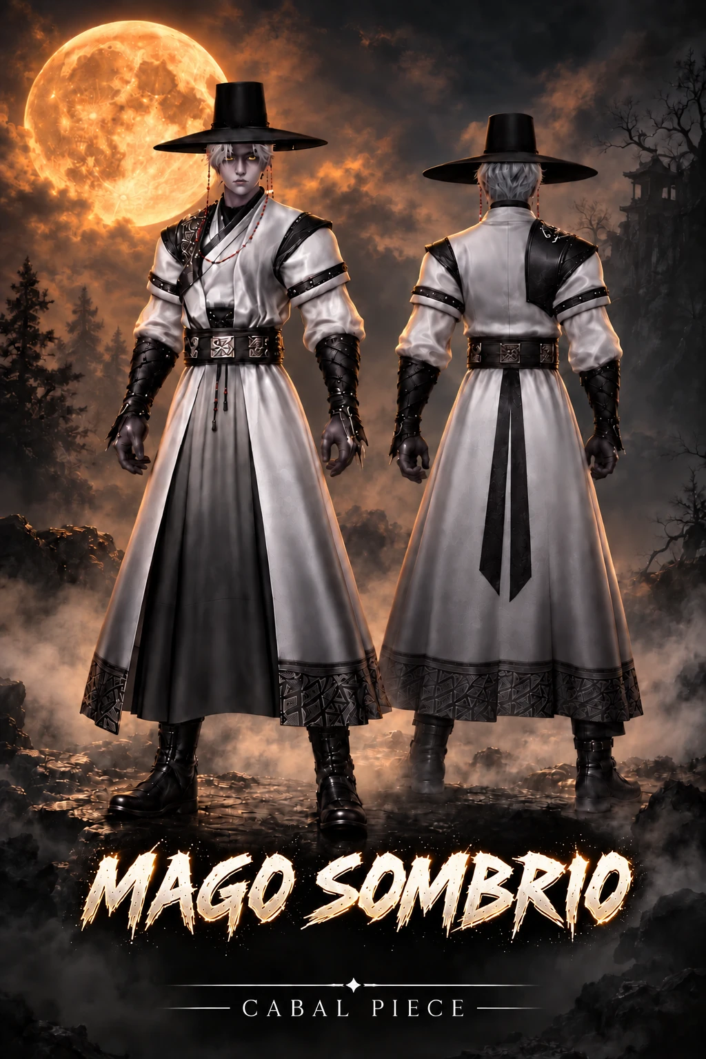 Fantasia Mago Sombrio: corpo e cabeça, vista frontal e traseira