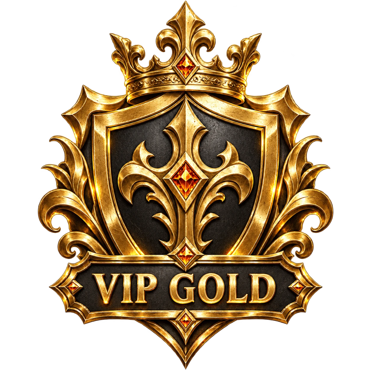 Emblema VIP Gold: escudo dourado com coroa e joias âmbar