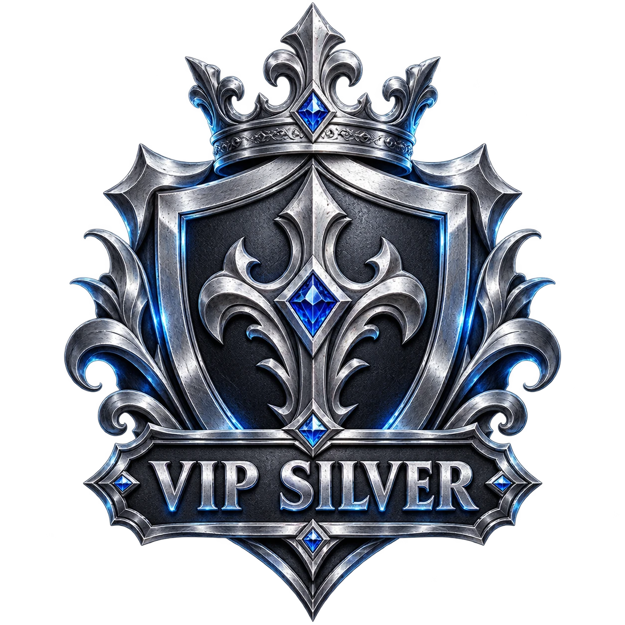 Emblema VIP Silver: escudo prateado com coroa e joias azuis